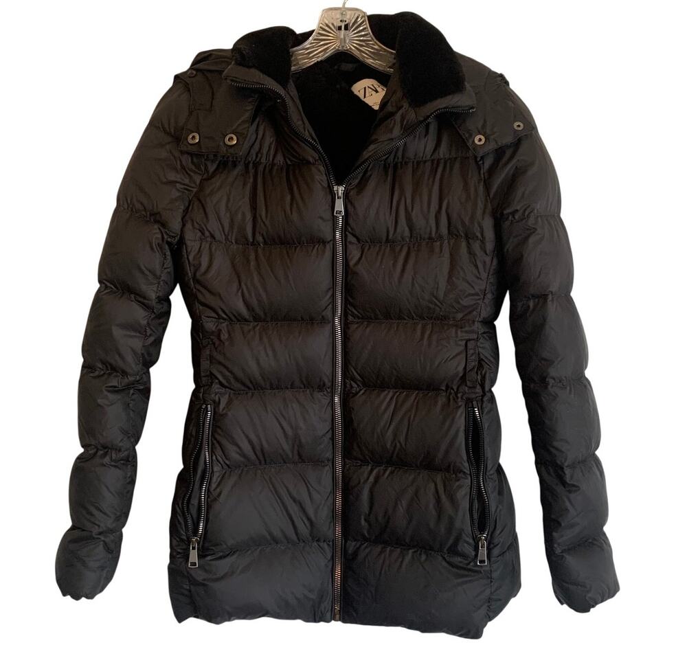 Zara Sz Small Puffer Jacket Black Full Zip Long Length Over Hips Winter Coat